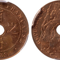1939年越南百分之一铜币一枚,金盾PCGS MS64RB