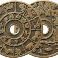 宋“麻姑献寿”背十二生肖花钱一枚，直径56.7mm，极美品