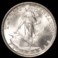 1945年美属菲律宾二十分银币一枚，PCGS MS67，目前评级记录最高分