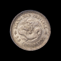 1899年己亥江南省造光绪元宝库平三分六厘银币一枚，铸造精美，原味包浆，品相甚为难得，PCGS MS63，目前此品种评级记录最高分