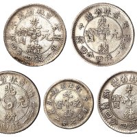 己亥、庚子、壬寅、丙午吉林省造光绪元宝库平一钱四分四厘银币各一枚；辛丑江南省造光绪元宝库平七分二厘银币一枚