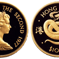1977年香港蛇年生肖金币一枚，精铸，面值1000港元，保存完好，完全未使用品