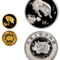 2007丁亥猪年纪念币一套二枚，其中包括面值50元，1/10盎司金币一枚，面值10元，1盎司银币一枚，成色均为99.9%，附原盒及证书