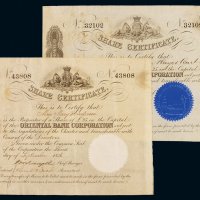 1854年、1856年英国东方汇业银行（上海旧称为丽如银行）股票各一枚，八五成至九成新