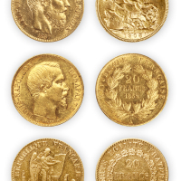 1852年法国路易斯拿破仑20法郎金币一枚，1865年埃玛努埃尔20法郎金币一枚，1867年比利时利奥波德二世20法郎金币一枚，1889年法兰西共和国20法郎金币一枚，1908年英国爱德华七世金币一枚
