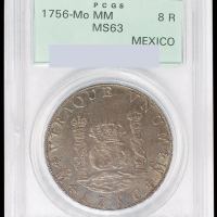 1756年墨西哥“双柱地球图”8R银币一枚，PCGS MS63