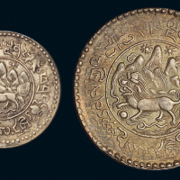 1935-1946年西藏雪山狮子图三两、五钱银币各一枚，原包浆，近未使用品