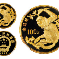 1988年中国珍稀野生动物纪念币（第一组）“金丝猴”纪念金币一枚，精制，面值100元，重量8克，成色91.6%，发行量30000枚，NGC PF68