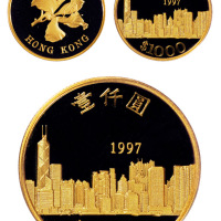 1997年香港回归纪念金币一枚，精制，面值港币1000元，重量15.976克，成色91.6%，附原盒及证书