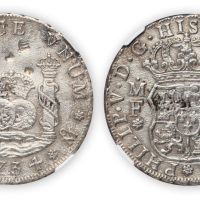 1734年墨西哥双球双柱4R银币一枚，NGC AU Details