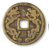 清代“同治通宝”背”联生贵子“、“福寿康宁”背双龙、“长庚”背四铭文小花钱各一枚，直径分别为：30毫米、29毫米、28毫米，极美品