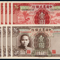民国二十四年中国农民银行德纳罗版国币券壹圆七枚，其中六枚连号；三十年德纳罗版国币券壹圆六枚，其中各三枚同字轨连号二组，共计十三枚，九八成至全新
