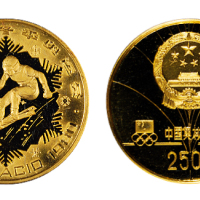 1980年第十三届冬奥会纪念金币一枚，精制，面值250元，重量8克，成色91.6%，发行量10000枚，附原盒及证书
