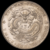 1907年云南省造光绪元宝库平七钱二分银币一枚，原包浆，龙鳞基本完好，近未使用品