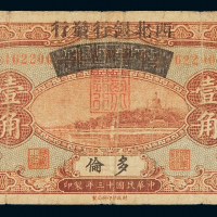 民国十三年察哈尔兴业银行改西北银行发行国币券壹角一枚，多伦地名，非常少见，七成新