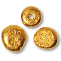 民国时期广州“大利足金”、“永昌金铺加炼足金”、“梁华生 九九金”三钱、二钱、一钱金锭各一枚，重量：11.23克、 7.51克、5.64克