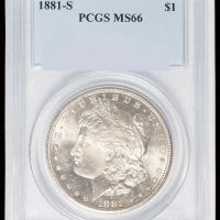 1881年美国摩根女神壹圆银币一枚，银光甚美，PCGS MS66