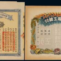民国时期宛平日新农工银行空白股票、九年劝业银行股份有限公司股票壹百股各一枚，九成新
