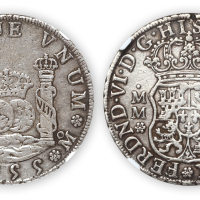 1755年墨西哥双球双柱4R银币一枚，NGC VF35
