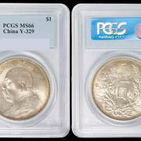 民国三年袁世凯像壹圆银币一枚，三角“圆”，粉光，淡彩包浆，PCGS MS66