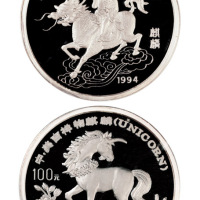 1994年麒麟纪念银币一枚，精制，面值100元，重量12盎司，成色99.9%，发行量750枚，NGC PF68UC