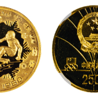 1980年第十三届冬季奥运会加厚版纪念金币一枚，精制，面值250元，重量16克，成色91.6%，发行量500枚，铸额极少，NGC PF69