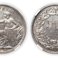 1850年瑞士海尔维蒂女神像五法郎银币一枚，NGC XF Details