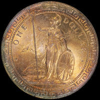 1909年香港“站人”银币一枚，五彩包浆，PCGS MS64