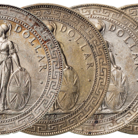 1899、1900、1908、1911年香港“站人”壹圆银币各一枚，计四枚，近未使用品
