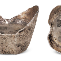 清代新疆“道验”三戳五十两银锭一枚，重量：1800.8克，银光姣好，保存完美