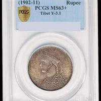 1904年四川省造光绪像一卢比银币一枚，无领横花版，原包浆，PCGS MS63+