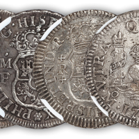 1738、1770年墨西哥双球双柱1R银币各一枚，NGC AU Details