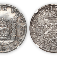 1744年墨西哥双球双柱4R银币一枚，NGC AU Details