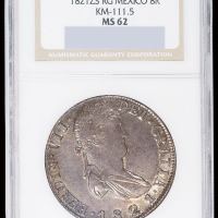 1821年墨西哥“双柱”8R银币一枚，原味包浆，NGC MS62