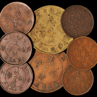 光绪户部大清铜币五文一枚；户部乙巳大清铜币五文一枚；1906年户部丙午大清铜币中心“浙”五文、中心“鄂”五文各一枚；福建官局造光绪元宝五文铜币一枚；江苏省造光绪元宝五文铜币一枚；江苏省造光绪元宝二十文