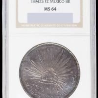 1894年墨西哥“鹰洋”壹圆银币一枚，五彩包浆，NGC MS64