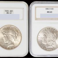 1882美国摩根1元银币一枚，NGC MS63；1925美国和平1元银币一枚，NGC MS61
