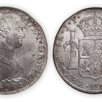 1807年西班牙卡洛斯四世8R双柱银币一枚，ANA MS62