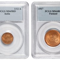 1917年芬兰5 Pennia铜币、1930年印度1/12A铜币各一枚