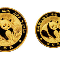 1988年熊猫纪念金币全套五枚，“P”特别精制版，面值分别为：100元、50元、25元、10元、5元，重量依次为：1盎司、1/2盎司、1/4盎司、1/10盎司、1/20盎司，成色均为99.9%，五枚成