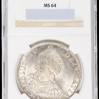 1774年玻利维亚卡洛斯像“双柱”8R银币一枚，完美银光，NGC MS64