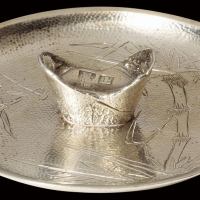 民国时期镶“景福”一两小锭刻竹纹银盘一只，直径：90毫米，保存完好