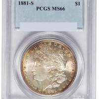 1881美国摩根女神壹圆银币一枚，五彩氧化，完美银光，PCGS评级鉴定MS66