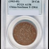 1903年四川省造光绪元宝二十文铜币一枚，异眉龙，PCGS AU58