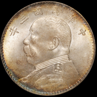 民国三年袁世凯像壹圆银币一枚，环彩包浆，状态极佳，PCGS MS65，金盾