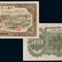 1951年第一版人民币伍仟圆“牧羊”一枚，背维文，一版币六珍之一，九成新
