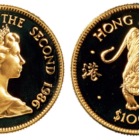 1986年香港虎年生肖金币一枚，精铸，面值1000港元，保存完好，完全未使用品