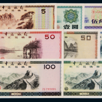 1979年中国银行外汇兑换券壹角、伍角、壹圆、伍圆、拾圆、伍拾圆、壹佰圆各一枚；1988年伍拾圆、壹佰圆各一枚，共计九枚，九五成至全新