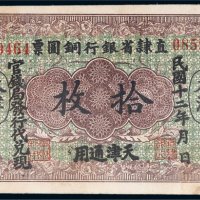 民国十二年（1923年）直隶省银行铜圆票天津通用拾枚