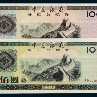 1979年中国银行外汇兑换券壹角、伍角、壹圆、伍圆、拾圆、伍拾圆、壹佰圆各一枚；1988年中国银行外汇兑换券伍拾圆、壹佰圆各一枚